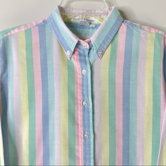 Vintage 90s Michelle Richards Pastel Rainbow Stripes Preppy Button Down Shirt - Picture 3 of 10